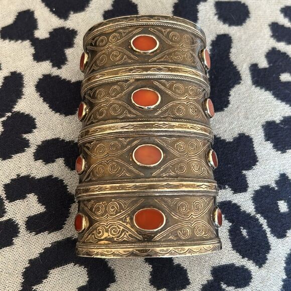 Vintage Style Ornate Cuff Bracelet with Orange Accents - Picture 4 of 7